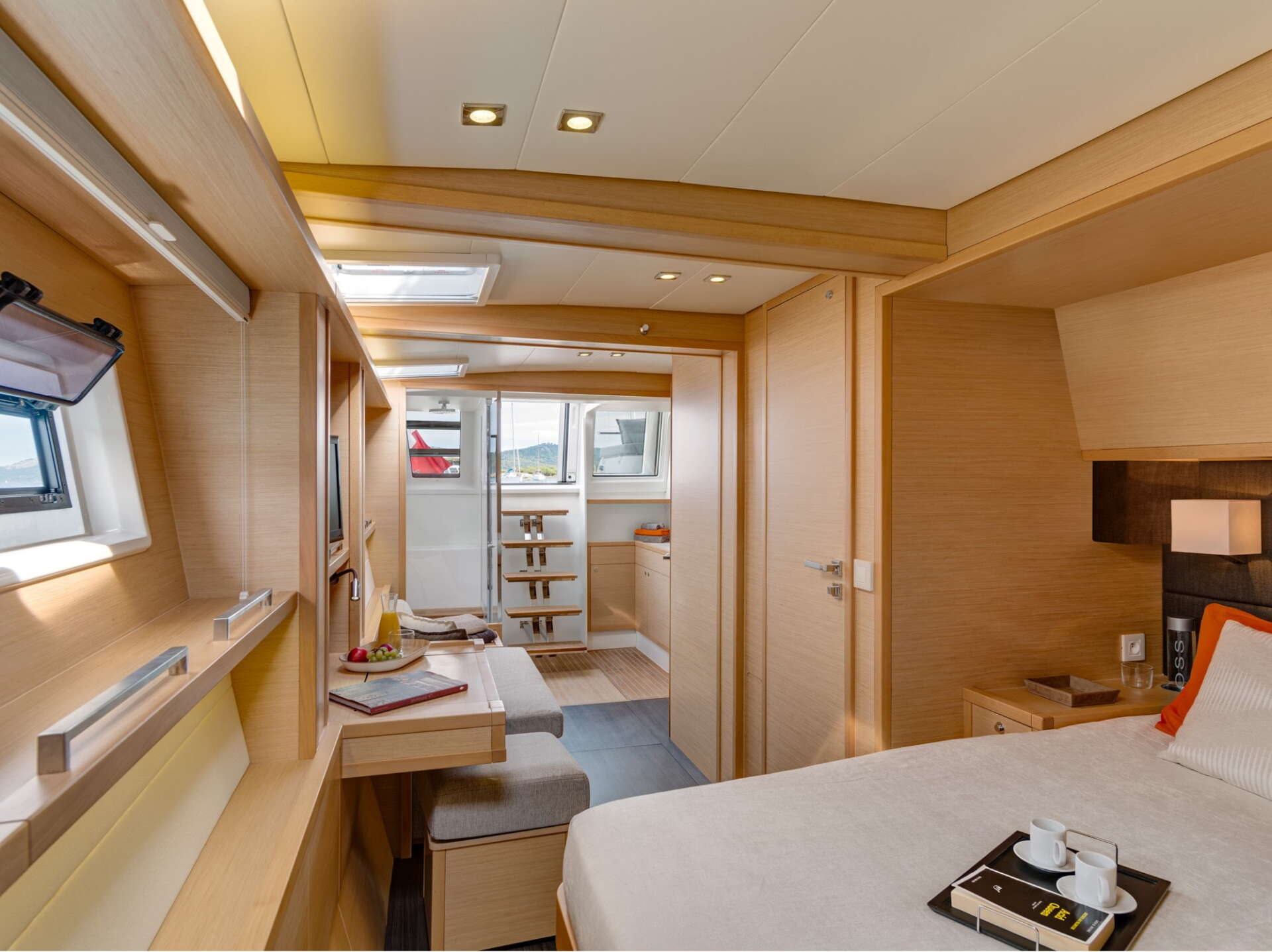 Bright salon interior of the Lagoon 620 luxury catamaran