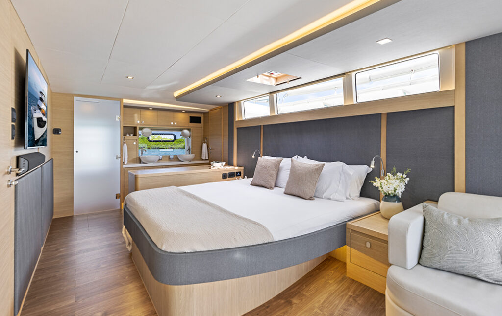 Aquila 50 luxury power catamaran charter cruising in Sardinia near Costa Smeralda