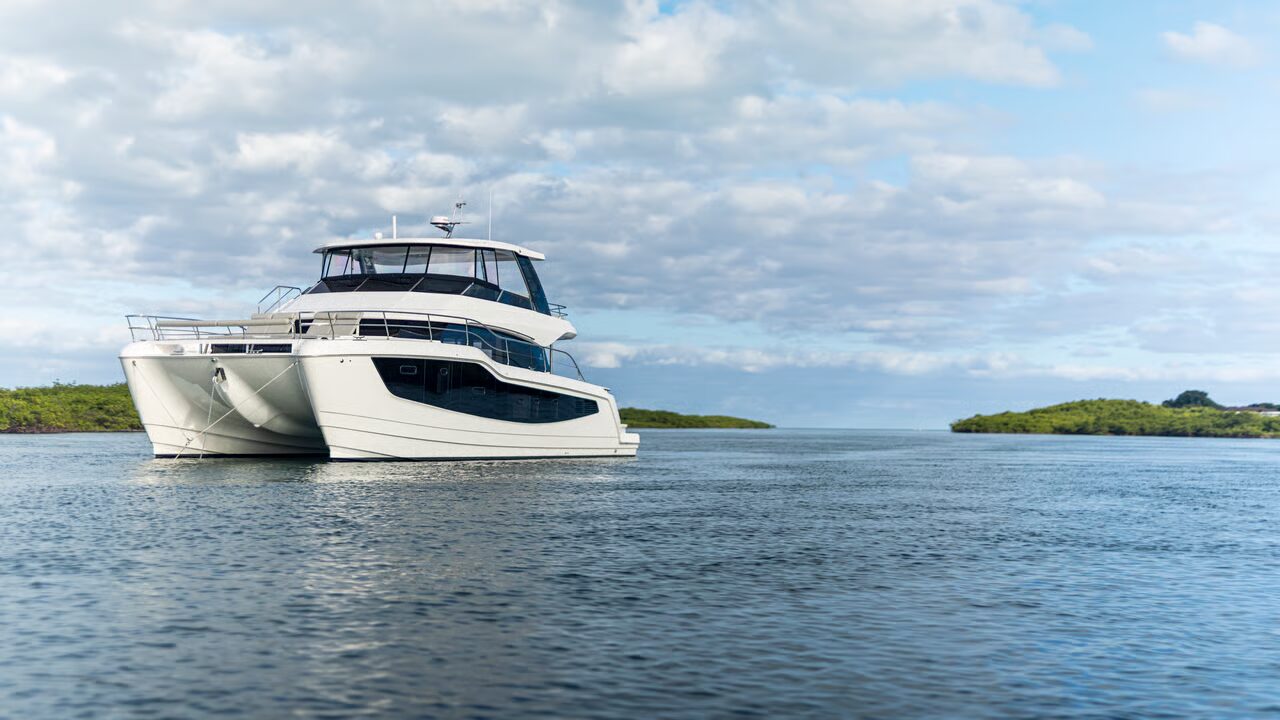 Aquila 50 luxury power catamaran charter cruising in Sardinia near Costa Smeralda