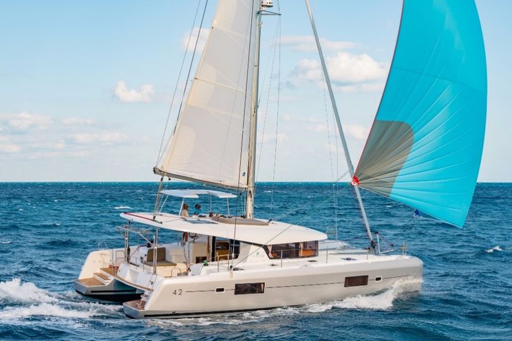 Charter a Lagoon 42 catamaran in Lefkas, Greece. Sleeps up to 10 guests, ideal for sailing the Ionian Islands with comfort, performance, and easy cruising conditions.