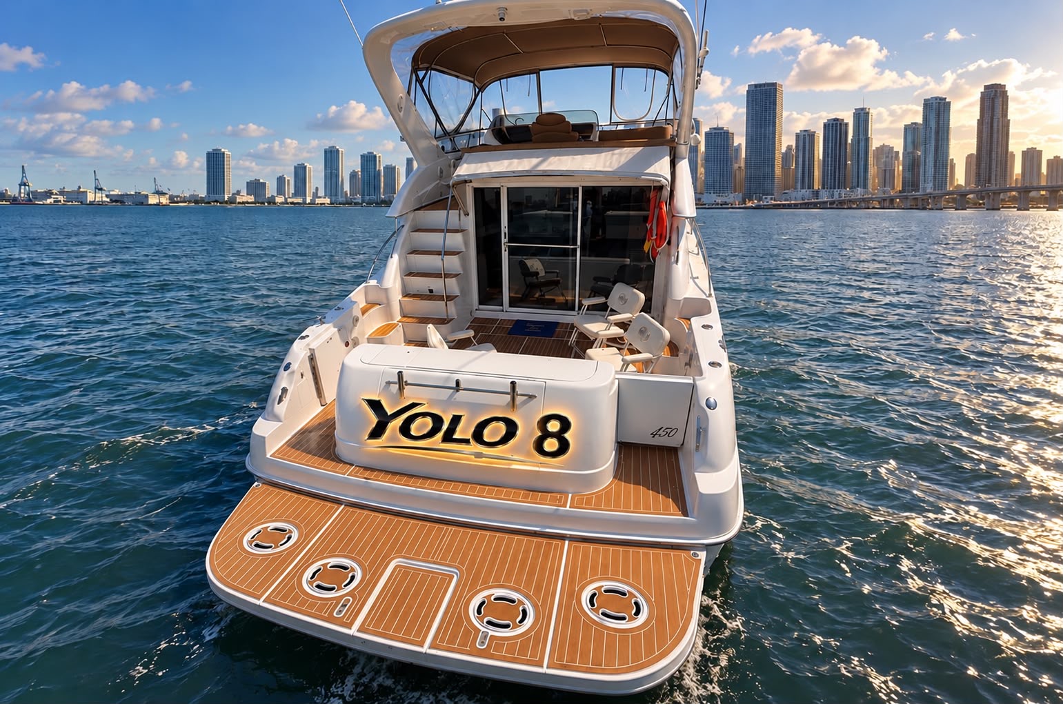 YOLO8 50 ft flybridge yacht available for private yacht charters in Miami, Florida, cruising Biscayne Bay.