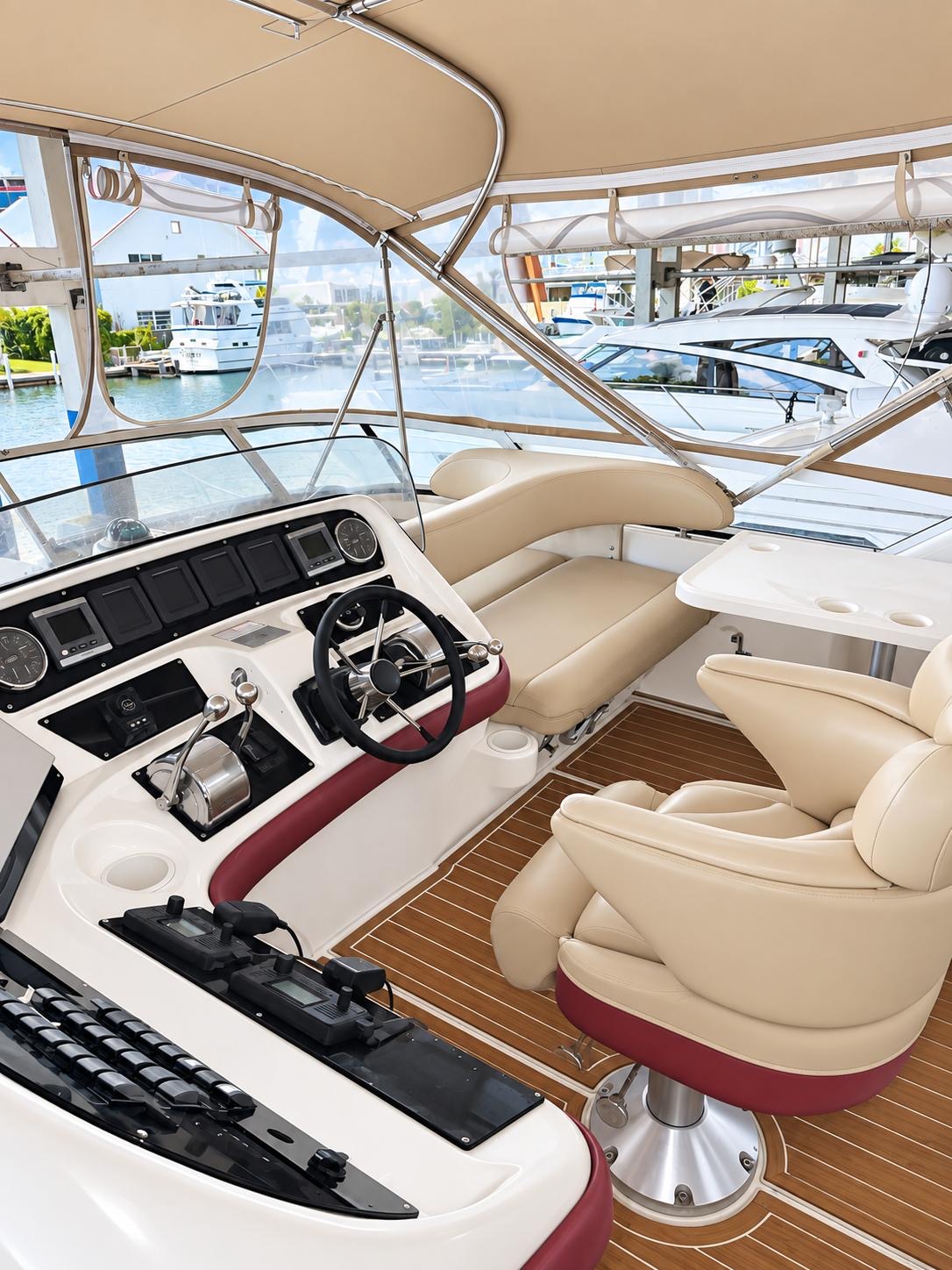 YOLO8 50 ft flybridge yacht available for private yacht charters in Miami, Florida, cruising Biscayne Bay.