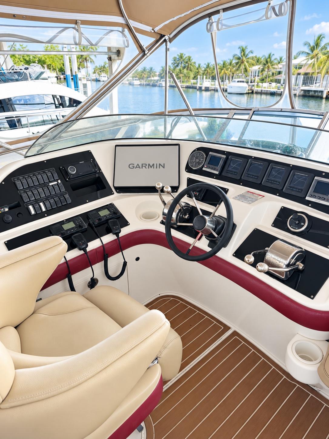 YOLO8 50 ft flybridge yacht available for private yacht charters in Miami, Florida, cruising Biscayne Bay.