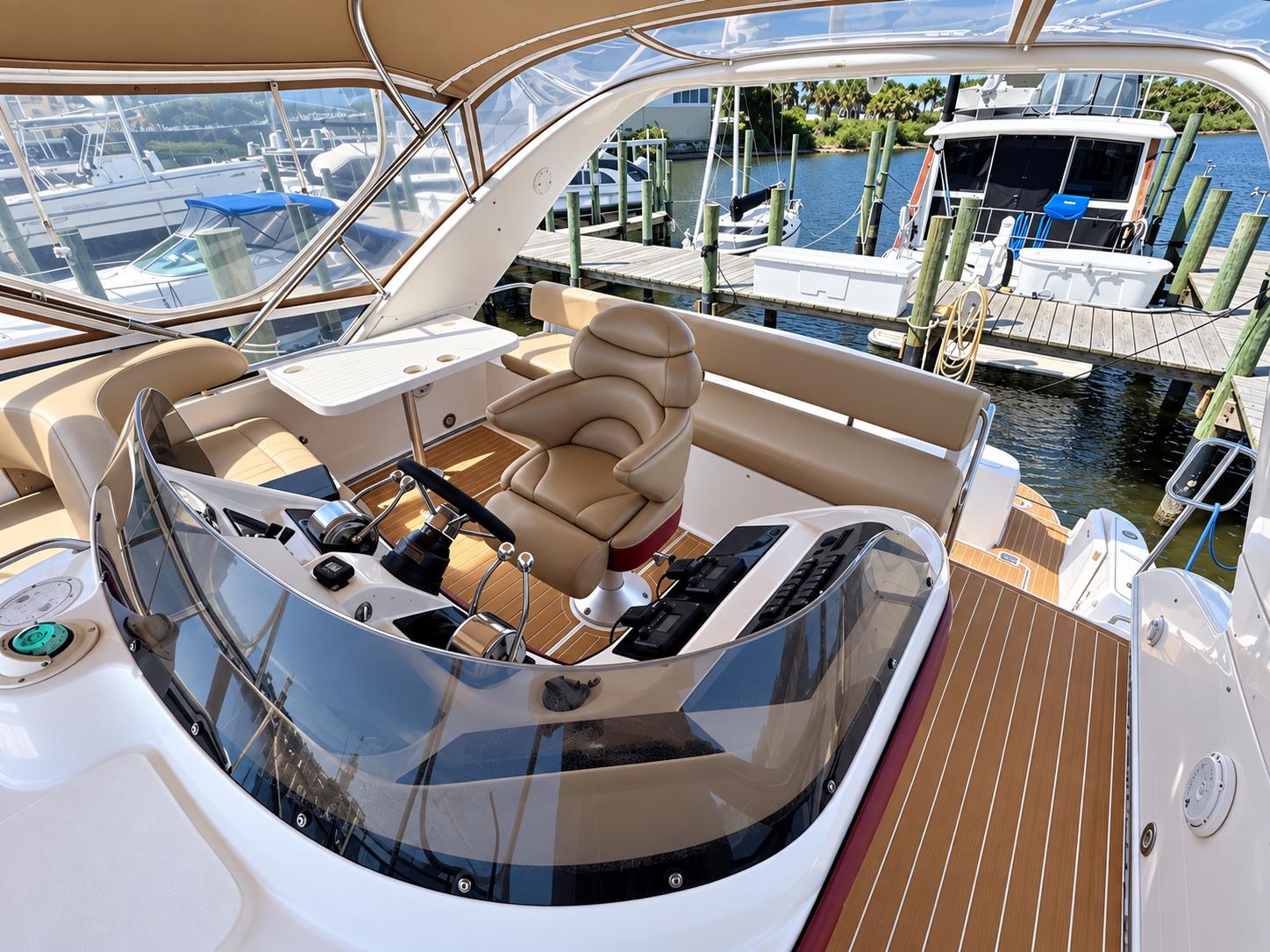 YOLO8 50 ft flybridge yacht available for private yacht charters in Miami, Florida, cruising Biscayne Bay.