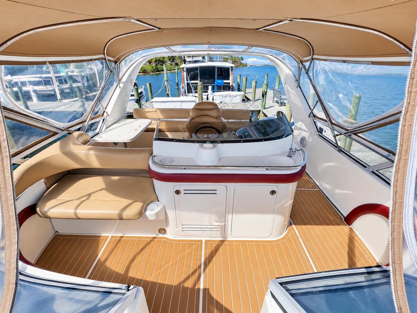 YOLO8 50 ft flybridge yacht available for private yacht charters in Miami, Florida, cruising Biscayne Bay.