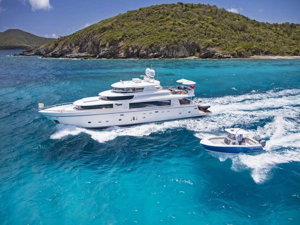 Luxury yacht anchored in a tropical Caribbean bay
