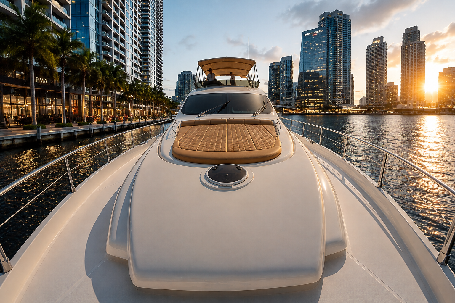 Aicon Ronin 75-foot luxury yacht in Miami featuring four private cabins, three bathrooms, and accommodation for up to 13 guests.