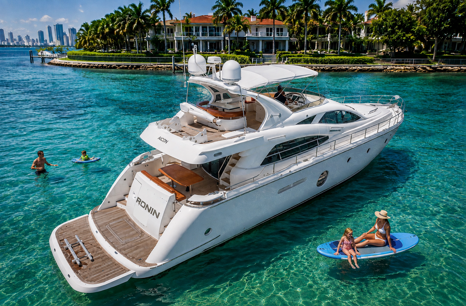 Aicon Ronin 75-foot luxury yacht in Miami featuring four private cabins, three bathrooms, and accommodation for up to 13 guests.