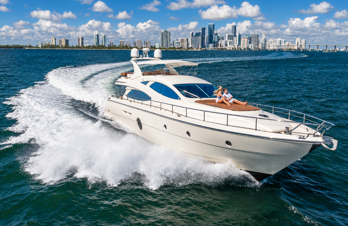 Aicon Ronin 75-foot luxury yacht in Miami featuring four private cabins, three bathrooms, and accommodation for up to 13 guests.
