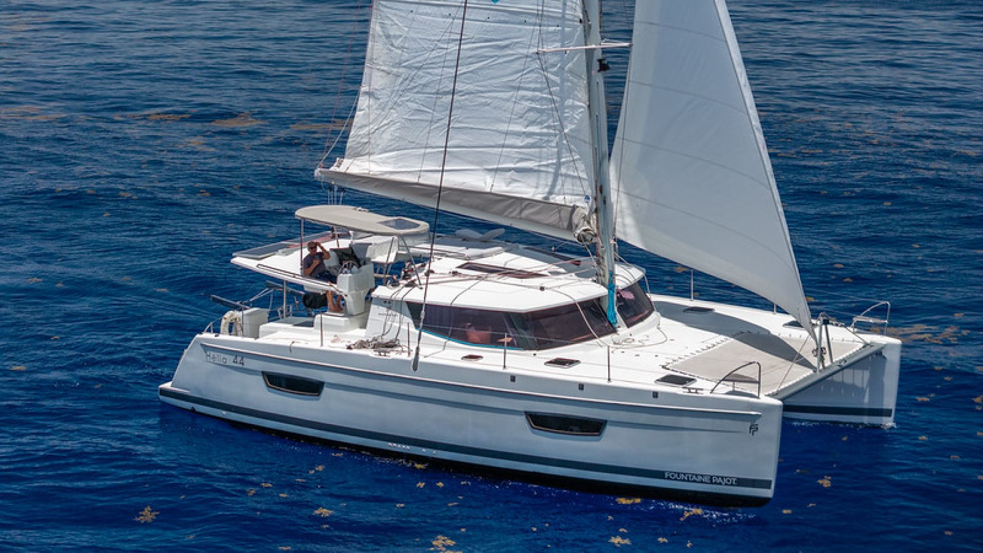 Fountaine Pajot 44ft luxury catamaran for charter in the Bahamas, accommodating 8 guests in 4 cabins.