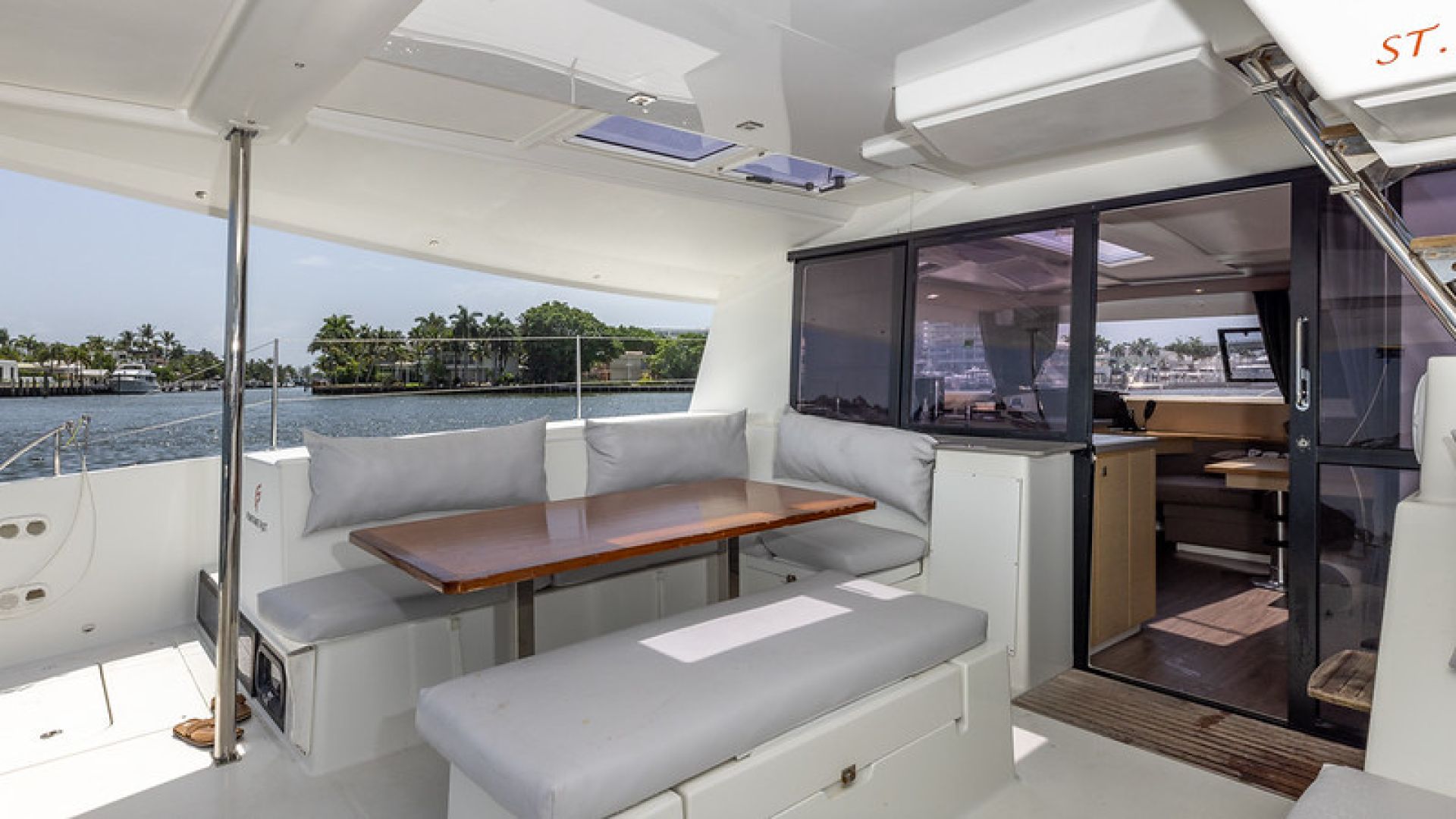 Fountaine Pajot 44ft luxury catamaran for charter in the Bahamas, accommodating 8 guests in 4 cabins.