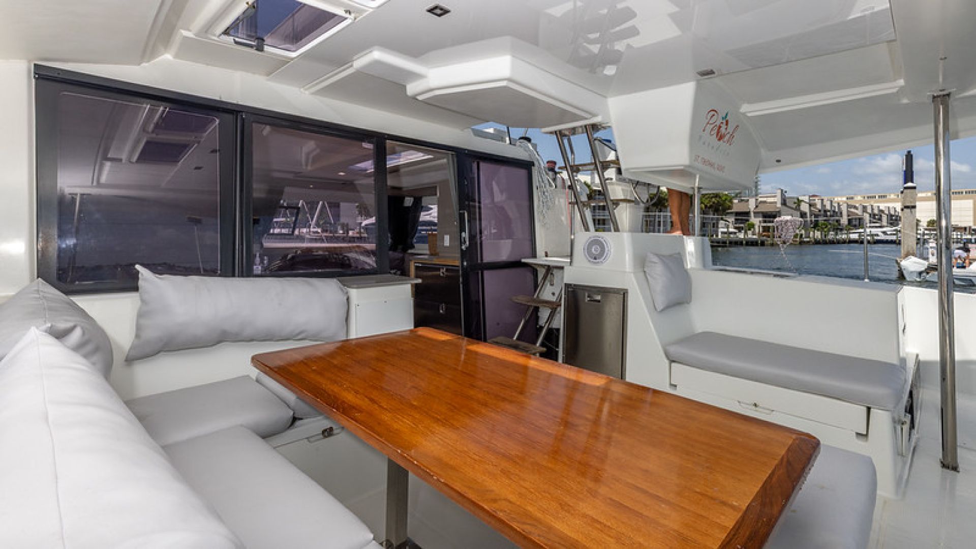 Fountaine Pajot 44ft luxury catamaran for charter in the Bahamas, accommodating 8 guests in 4 cabins.