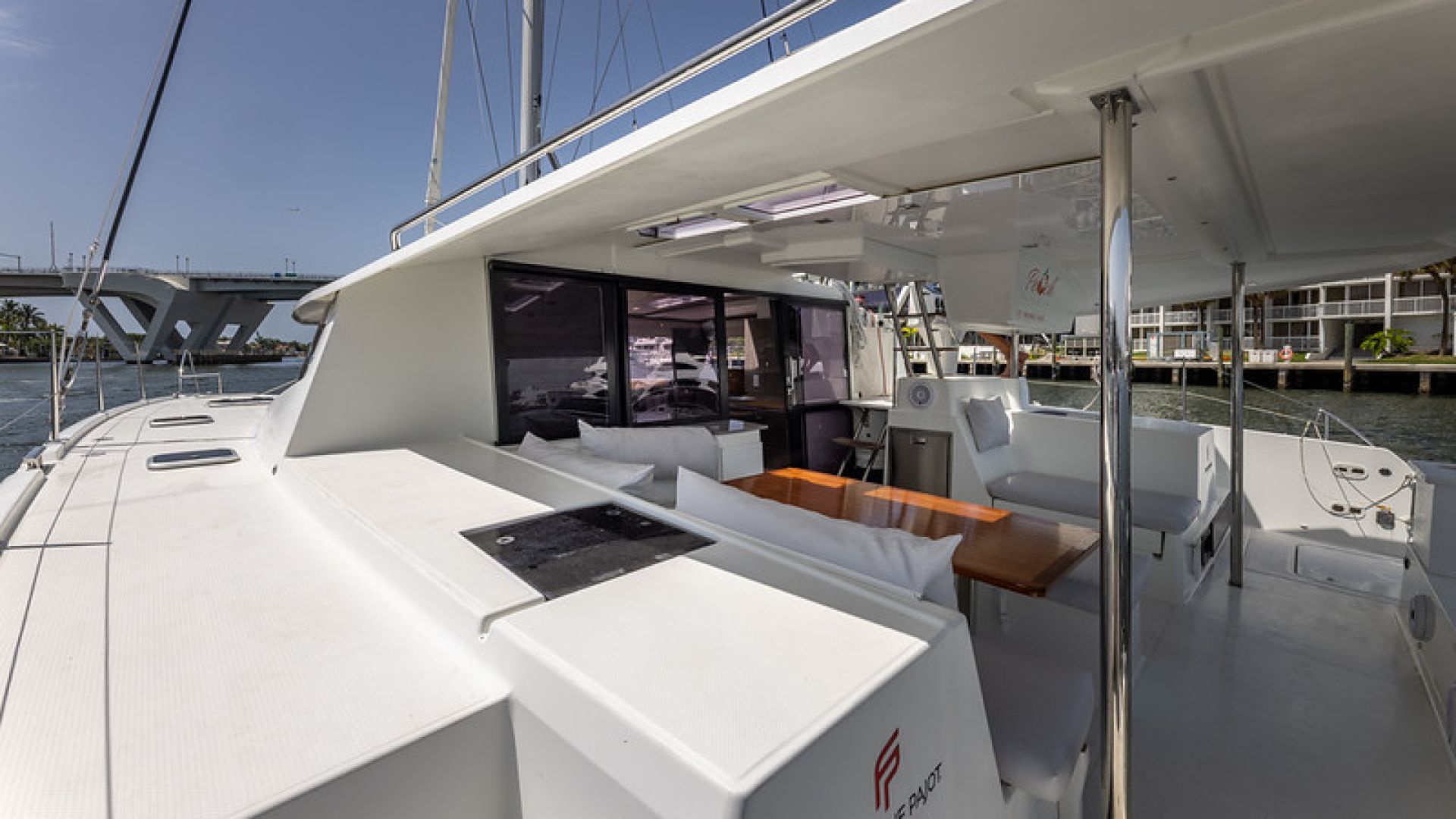 Fountaine Pajot 44ft luxury catamaran for charter in the Bahamas, accommodating 8 guests in 4 cabins.