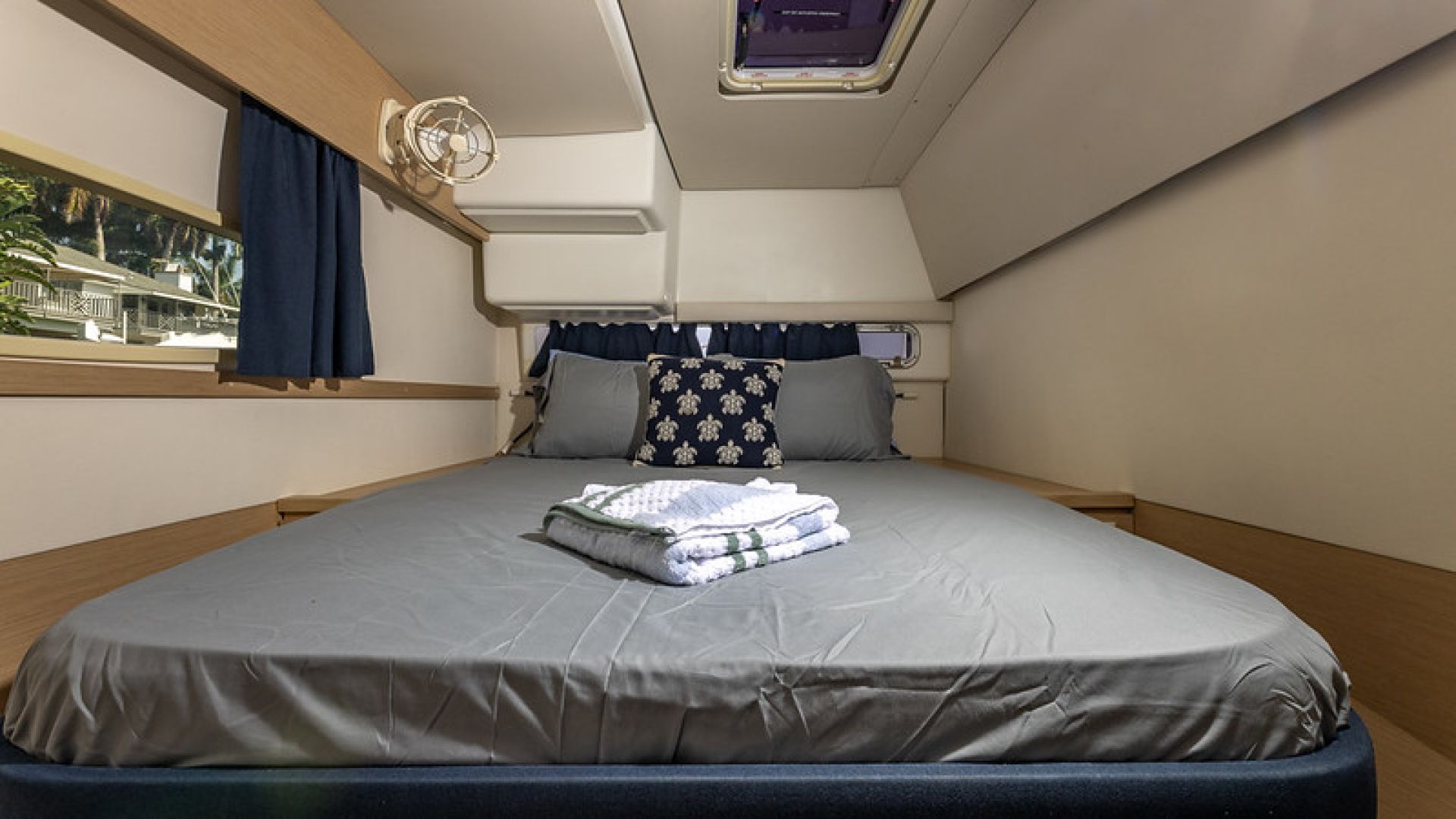 Fountaine Pajot 44ft luxury catamaran for charter in the Bahamas, accommodating 8 guests in 4 cabins.
